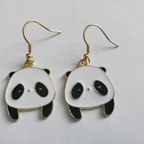 Gold Panda Face Earrings, Wildlife Jewelry - Picture 5 of 7